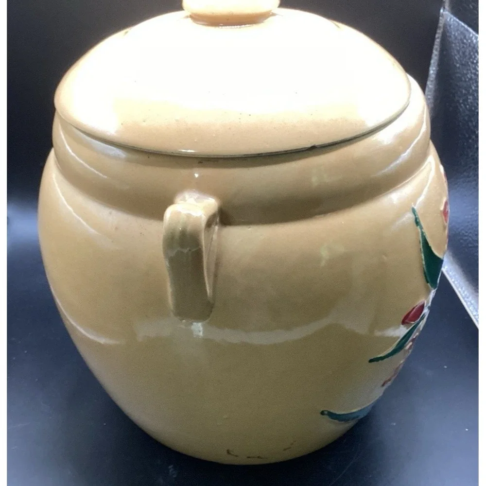 VTG Early Hand Painted Stoneware Bean Pot Cookie Jar Crock As Is Flowers‎